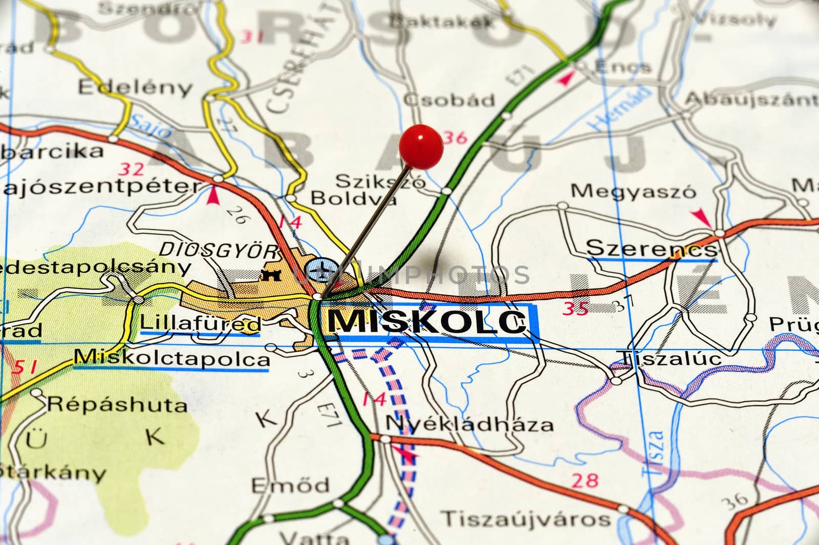 Closeup map of Miskolc. Miskolc is a town in the province of Borsod-Abaúj-Zemplén in northeastern Hungary.