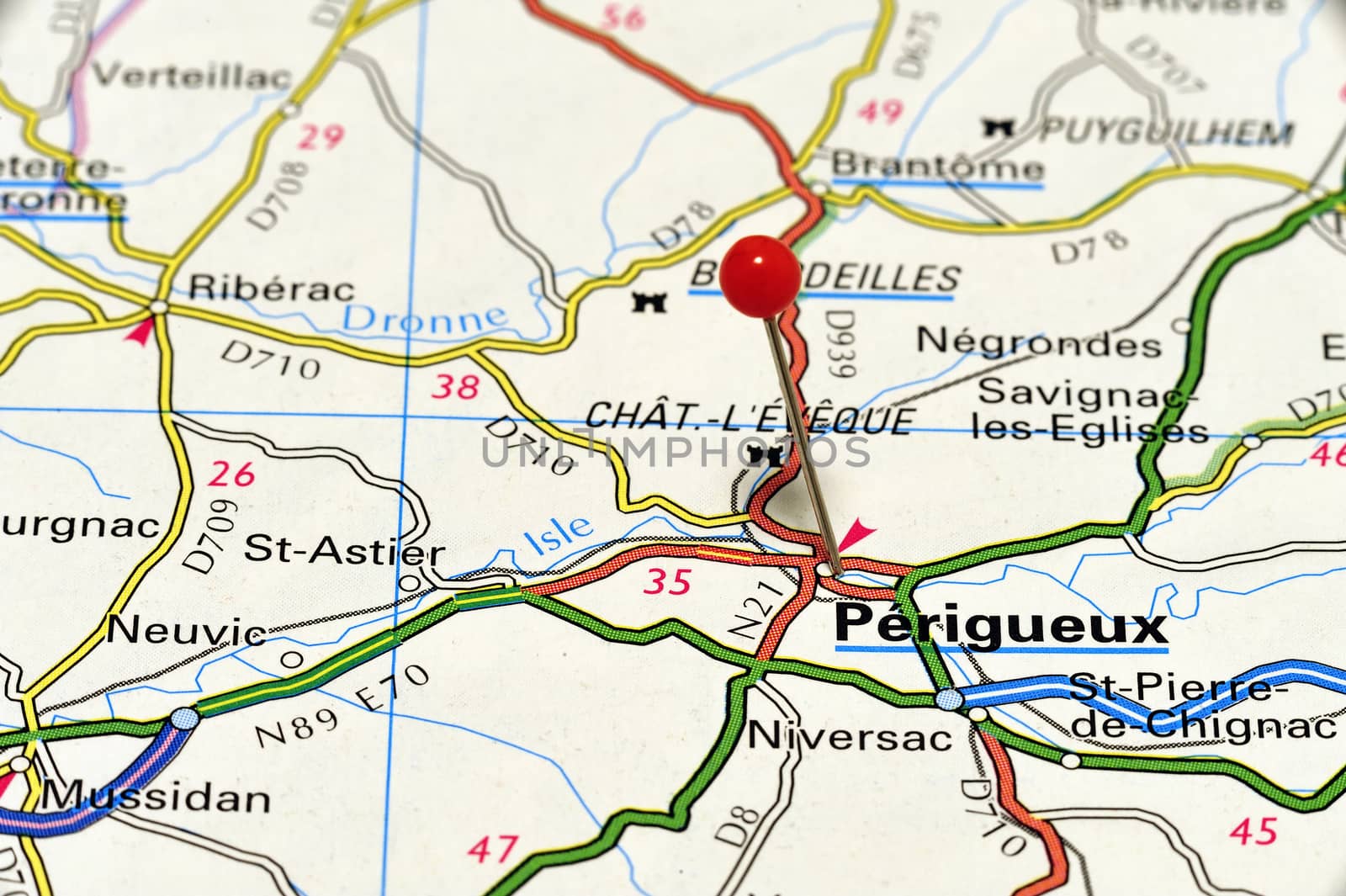 Closeup map of Périgueux. Périgueux is the regional capital of the department of Dordogne in south-eastern France.
