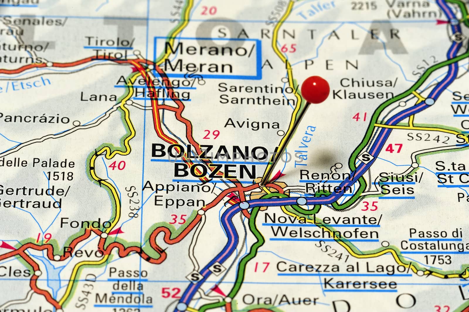 Closeup map of Bolzano. Bolzano is a city in Italy.