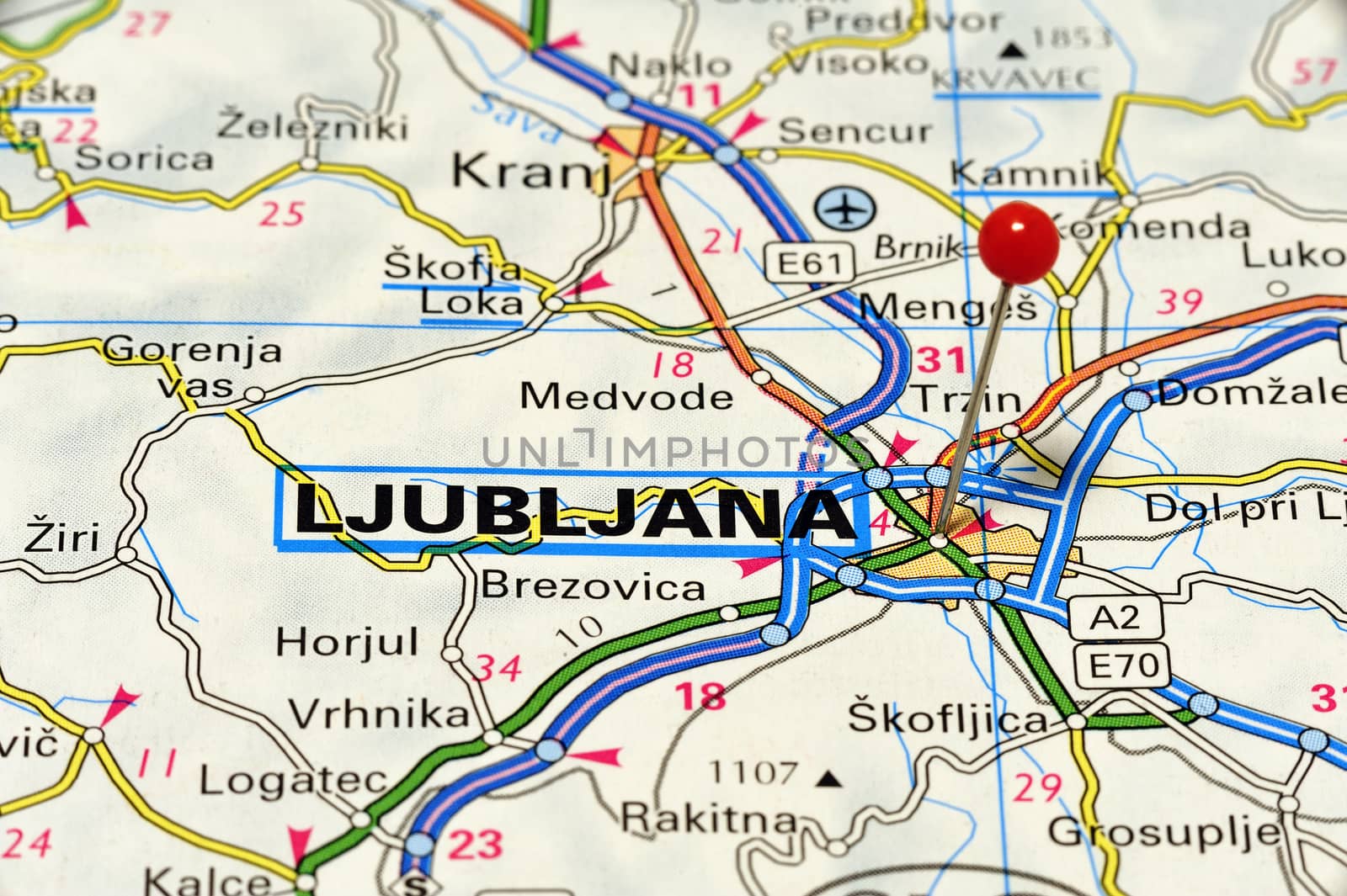 Closeup map of Ljubljana. Ljubljana is the capital and largest city in Slovenia.