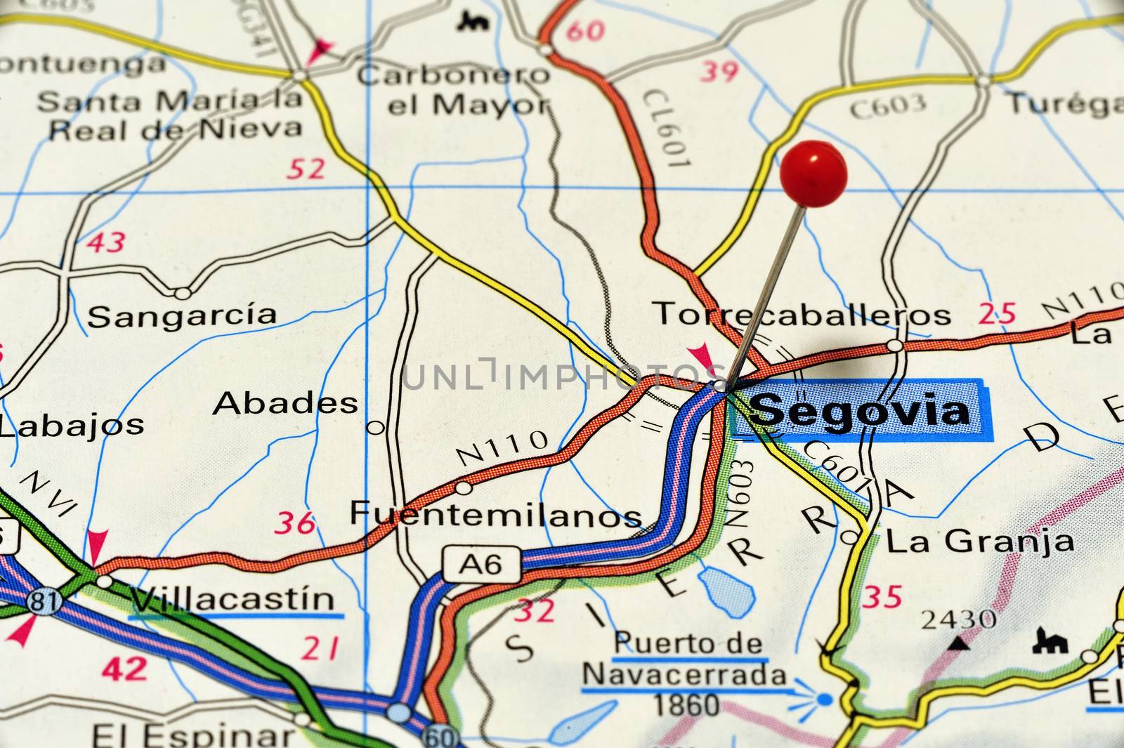 Closeup map of Segovia. Segovia is a city in Spain.