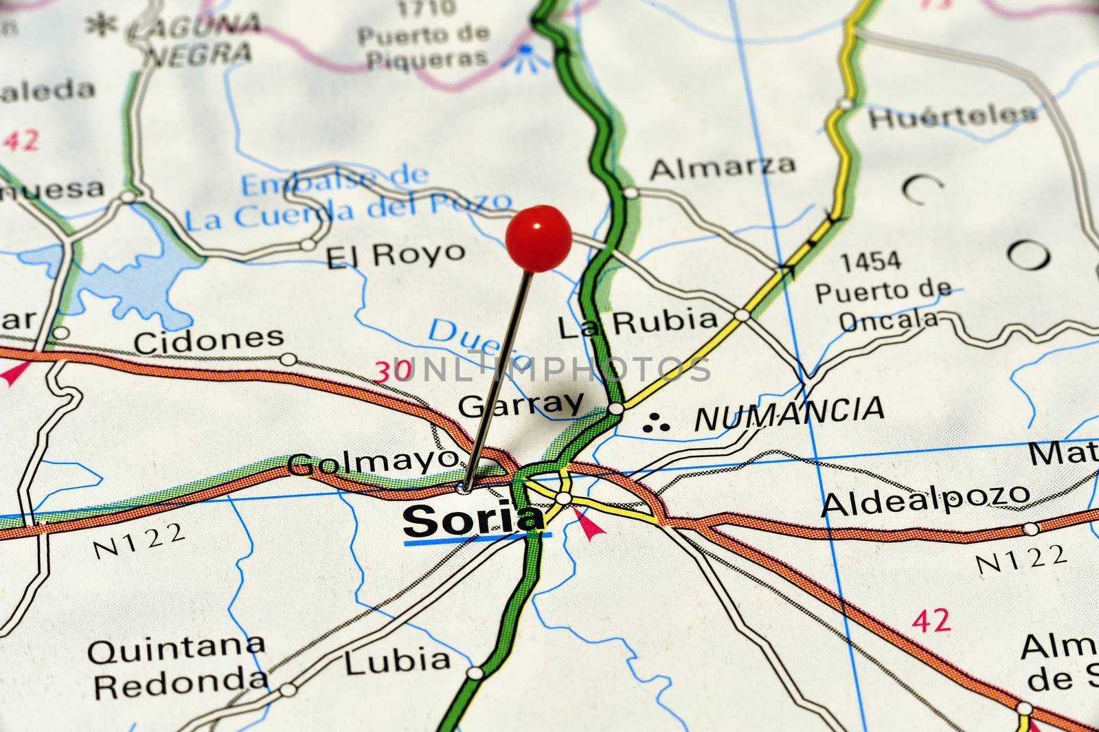 Closeup map of Soria. Soria is a city in Spain.