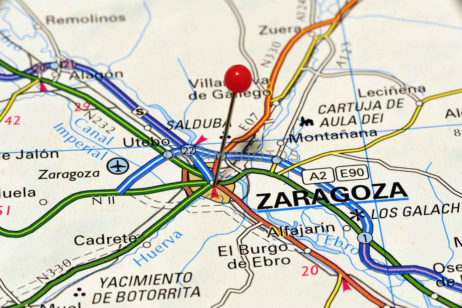 Closeup map of Zaragoza. Zaragoza is a city in Spain.