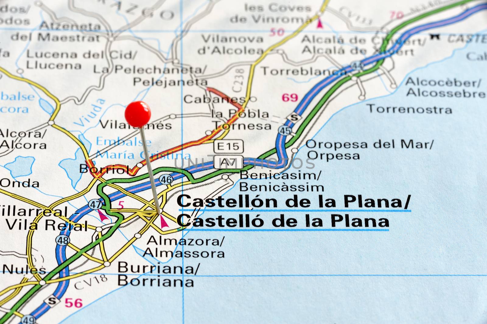 Close up of Castellon de la Plana , Spain map with red pin ,travel concept
