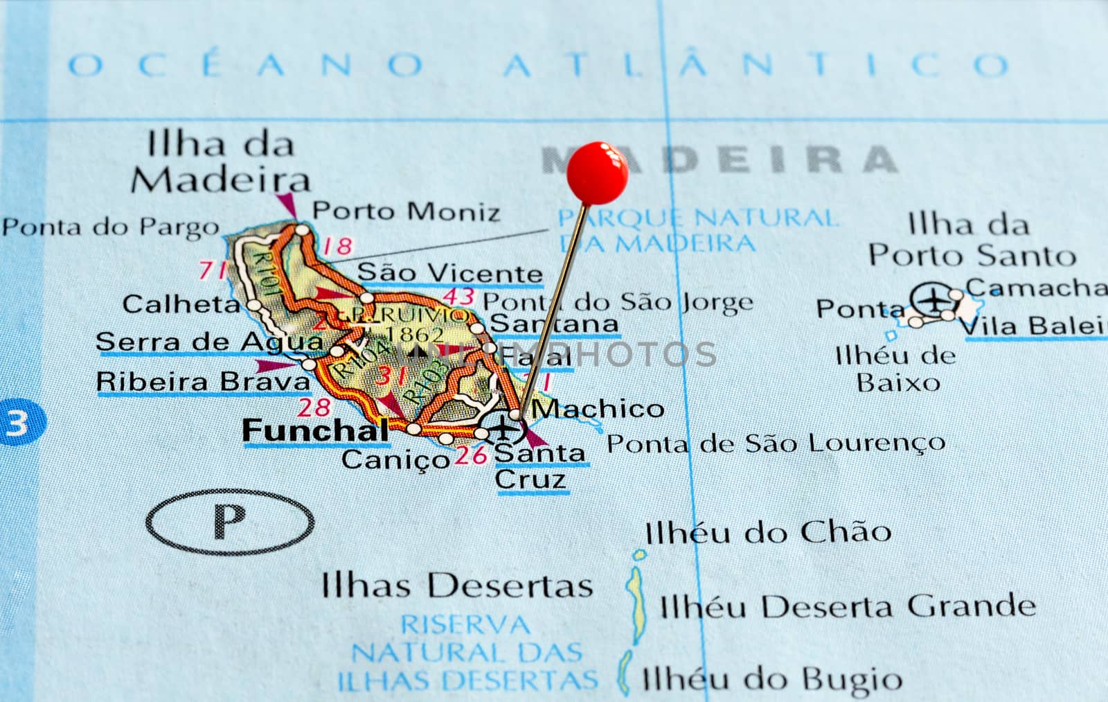 Closeup map of Funchal. Funchal is a city in the Portuguese archipelago of Madeira.