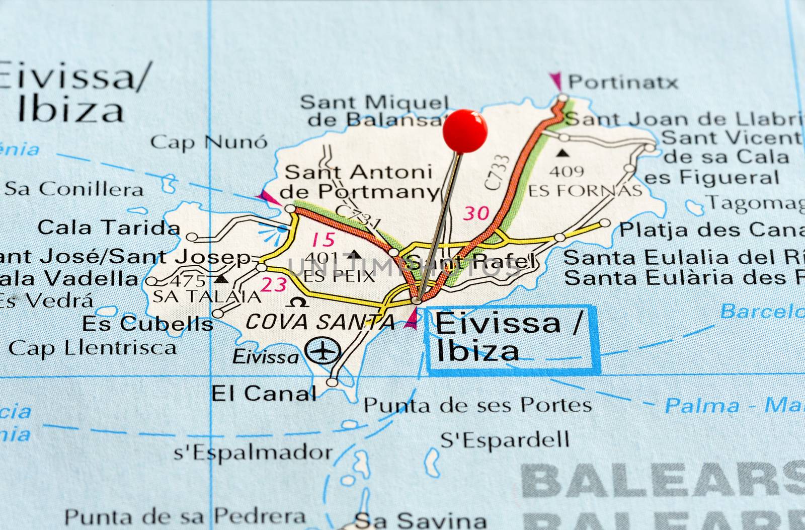 Closeup map of Ibiza. Ibiza a city in Spain. Picture is from "KAK BILATLAS Europa" 5th edition, ISBN 9147801166, created 2012-02-22.