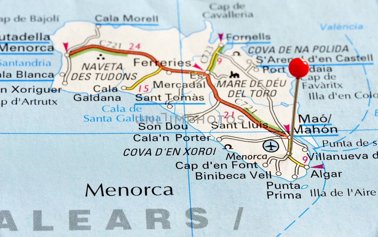 Close up of Menorca island , Spain map with red pin