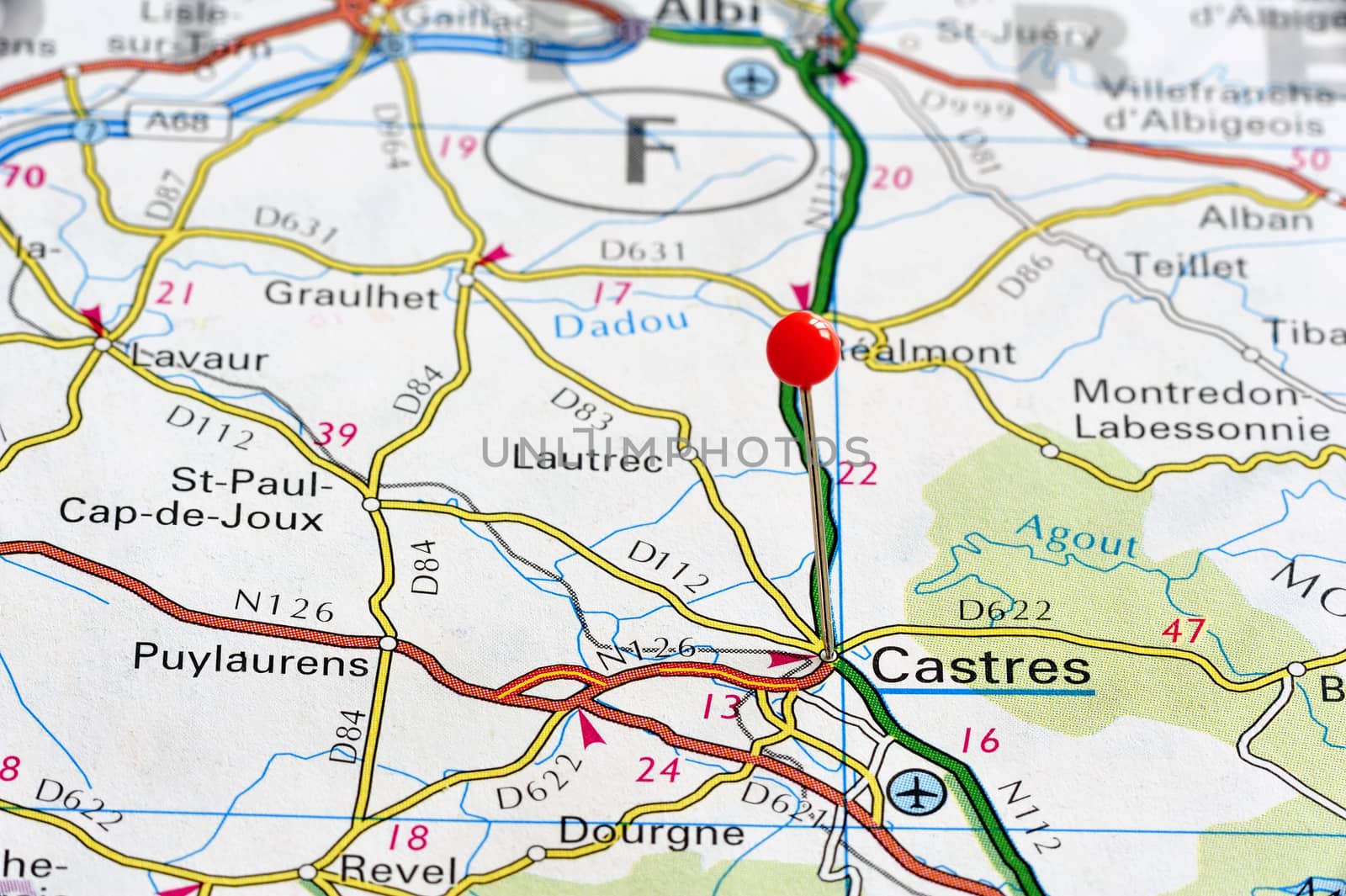 Closeup map of Castres. Castres a city in France. Picture is from "KAK BILATLAS Europa" 5th edition, ISBN 9147801166, created 2012-02-22.