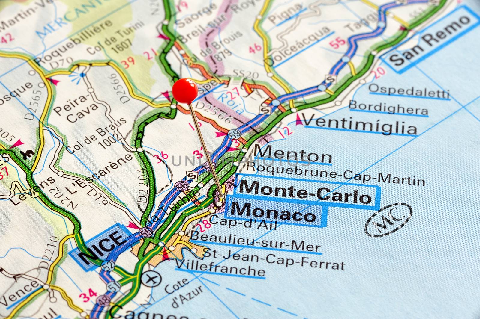 Monaco, Monte-Carlo and Nice on a map