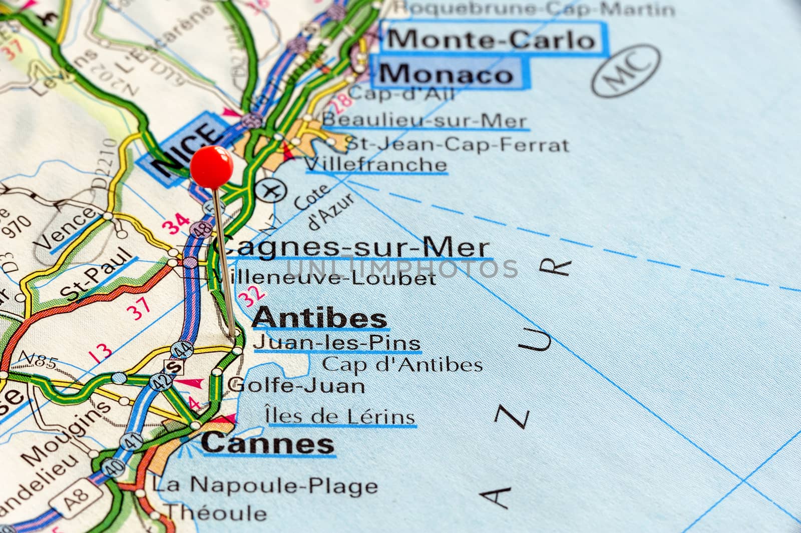 Closeup map of Antibes. Antibes a city in France. Picture is from "KAK BILATLAS Europa" 5th edition, ISBN 9147801166, created 2012-02-22.