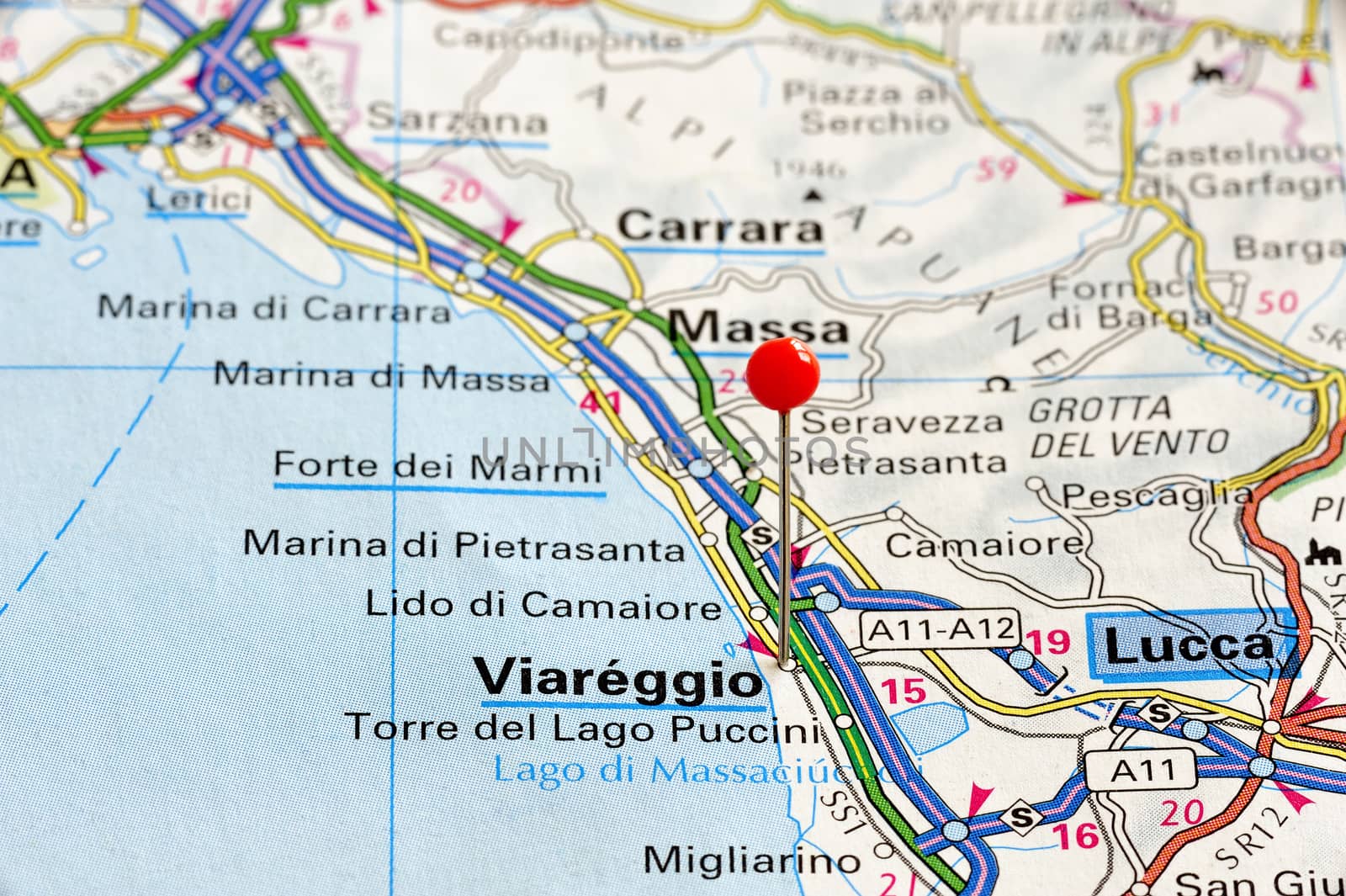 Closeup map of Viareggio. Viareggio a city in Italy. Picture is from "KAK BILATLAS Europa" 5th edition, ISBN 9147801166, created 2012-02-22.