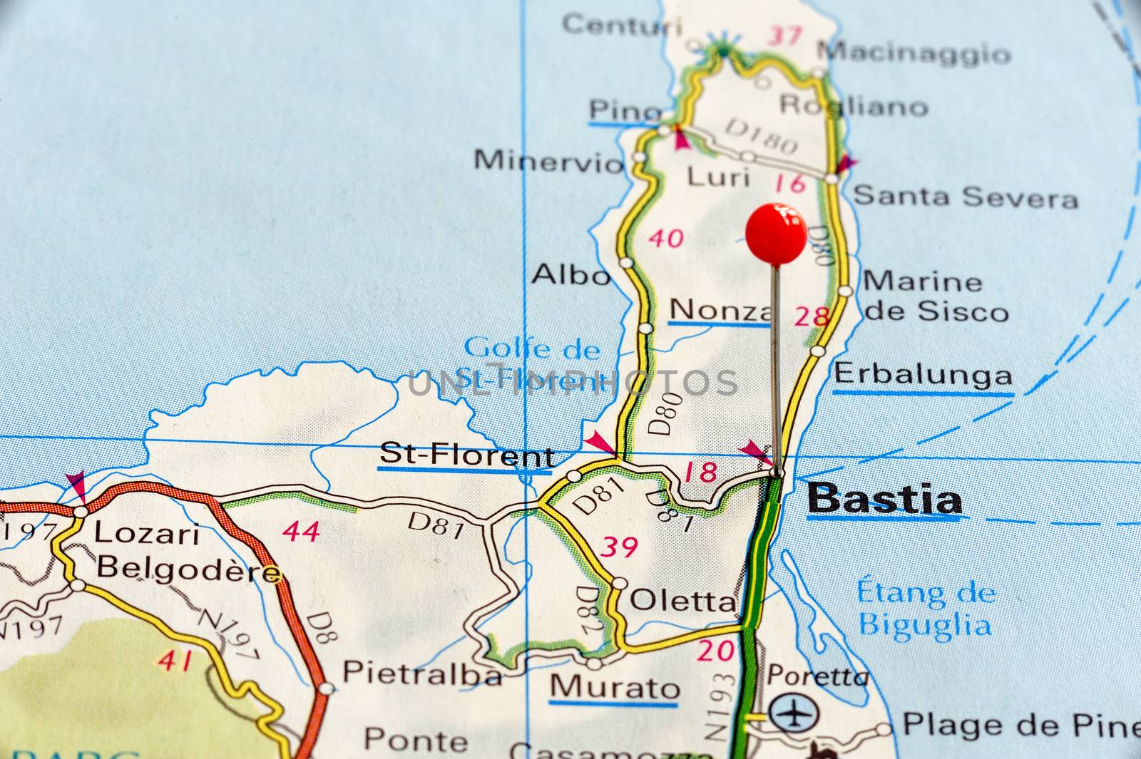 Closeup map of Bastia.Bastia is a city situated in the north east of Corsica. Picture is from "KAK BILATLAS Europa" 5th edition, ISBN 9147801166, created 2012-02-22.