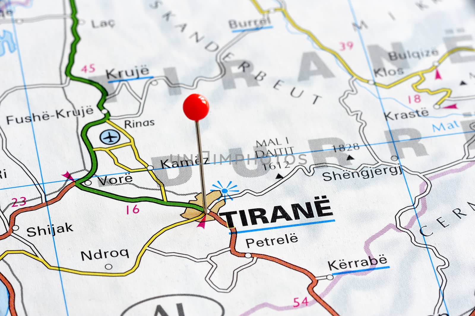 Map of Cities and Countries with blue Pin in Tirana, Albania