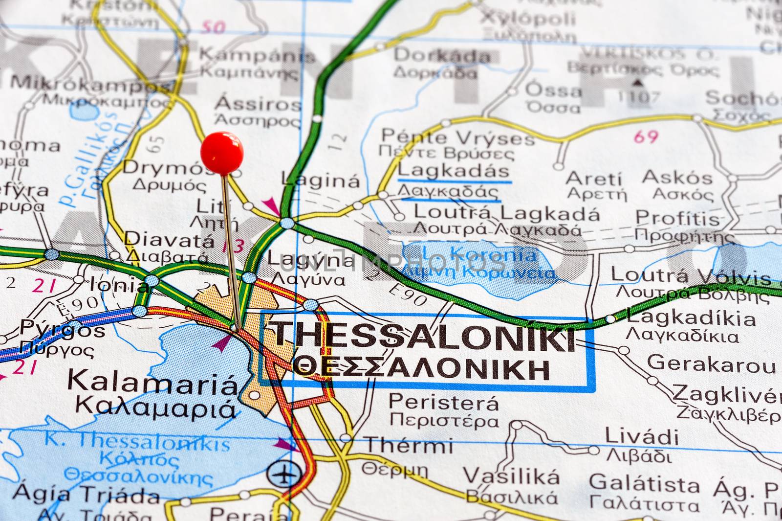 Thessaloniki Marked With Red Pushpin on Map