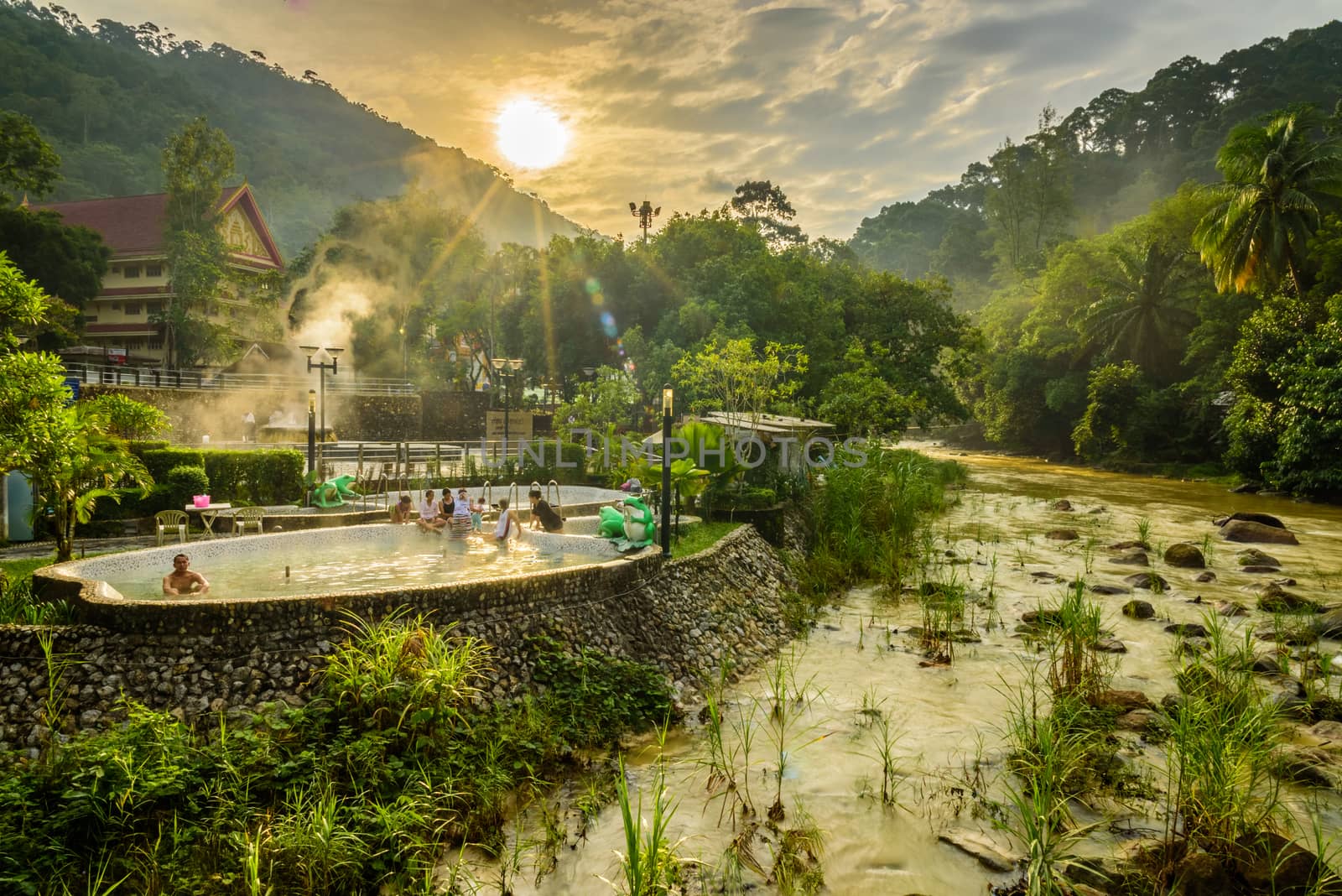 ranong hot spring area and stream from mountain in the morning