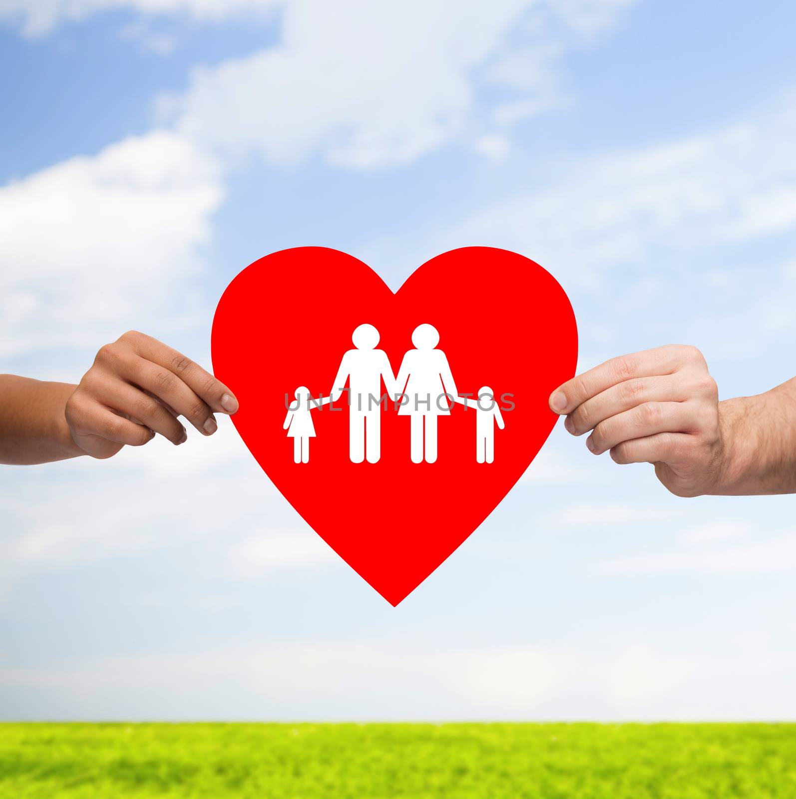 couple hands holding red heart with family by dolgachov