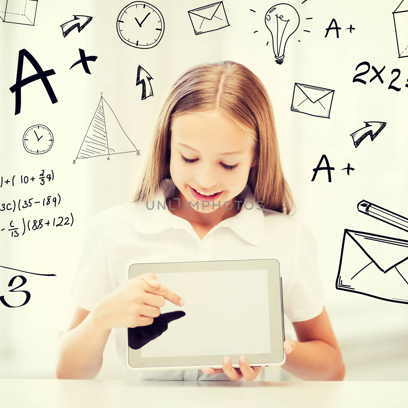 education, school, technology and internet concept - little student girl with tablet pc at school