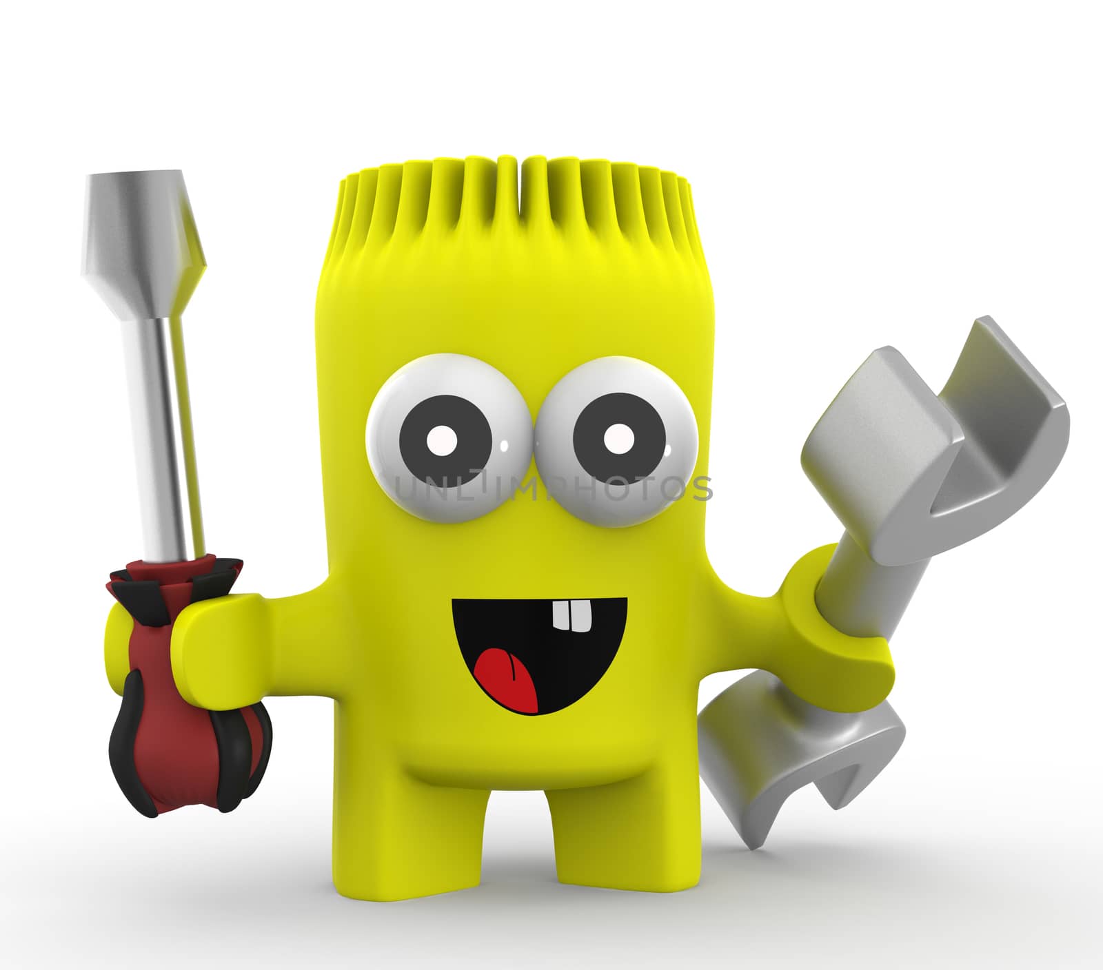 3d mechanic with tools on white background