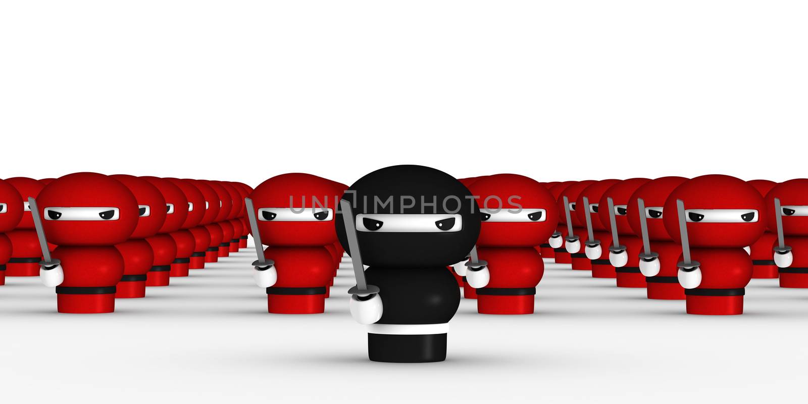 3D Japanese ninja army with katana ready to attack