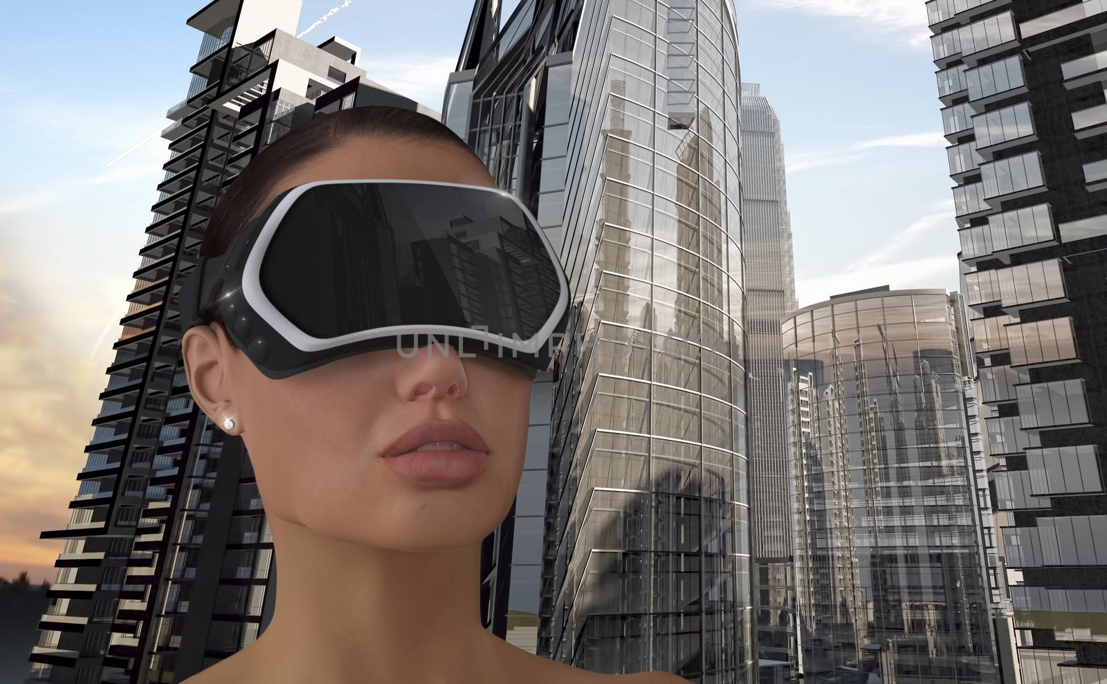 3D Illustration of a Woman wearing a Virtual reality head-mounted display (HMD).