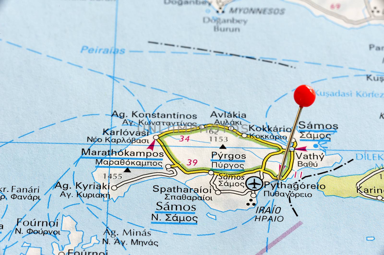 Close up of Pyrgos, Greece map with red pin - Travel concept