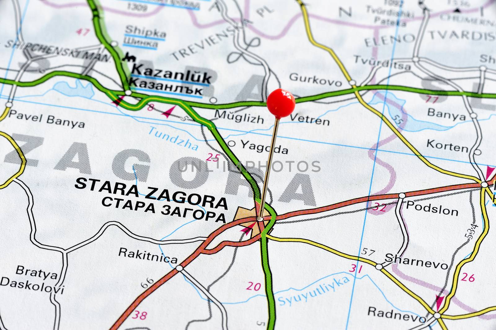 Closeup map of Stara Zagora, Stara Zagora a city in Bulagria.