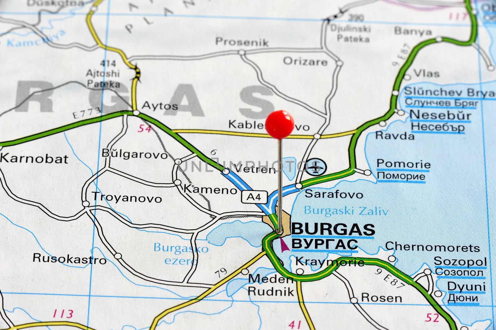 Closeup map of Burgas,. Burgas a city in Bulgaria.