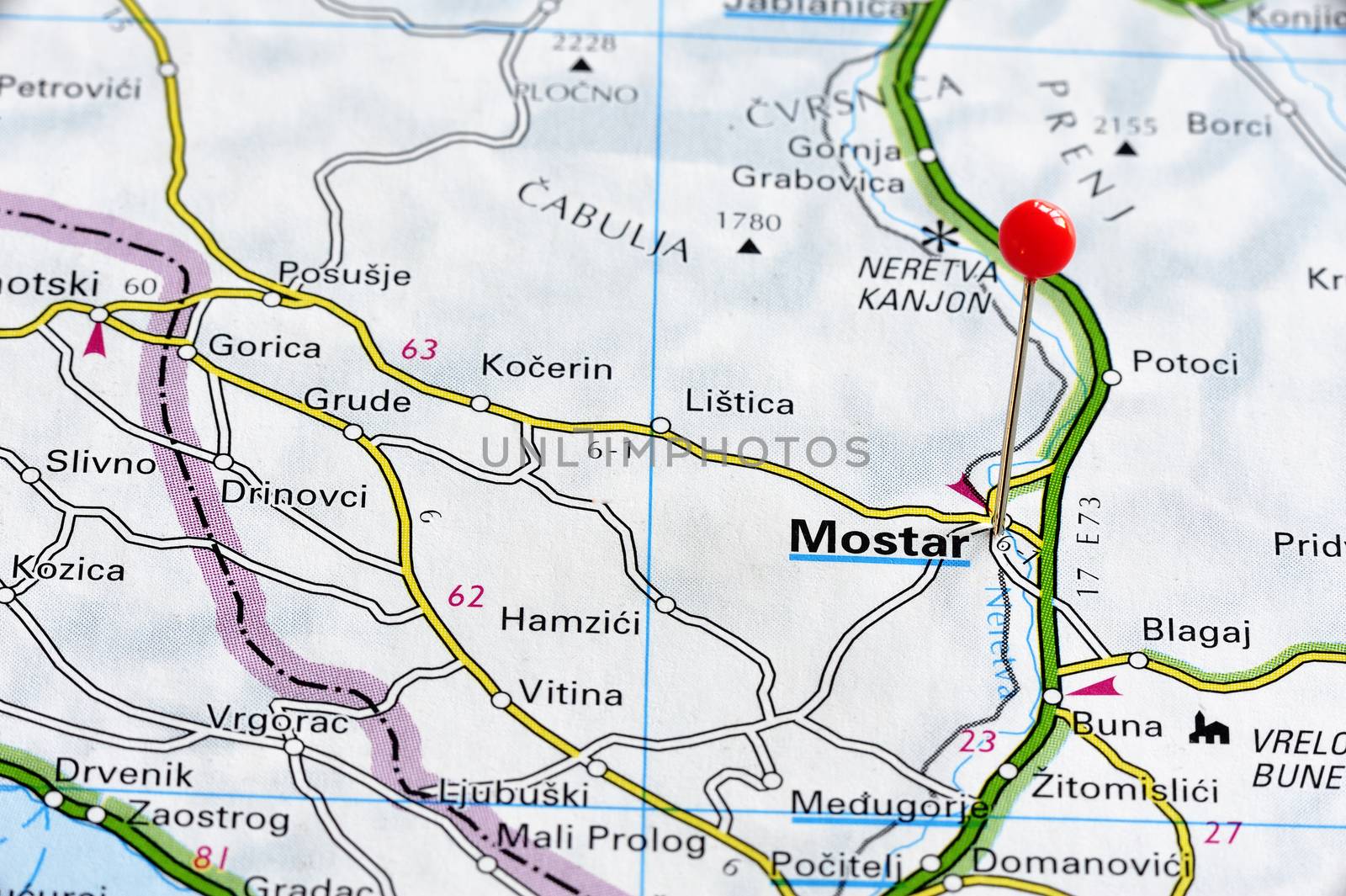 Closeup map of Mostar.
