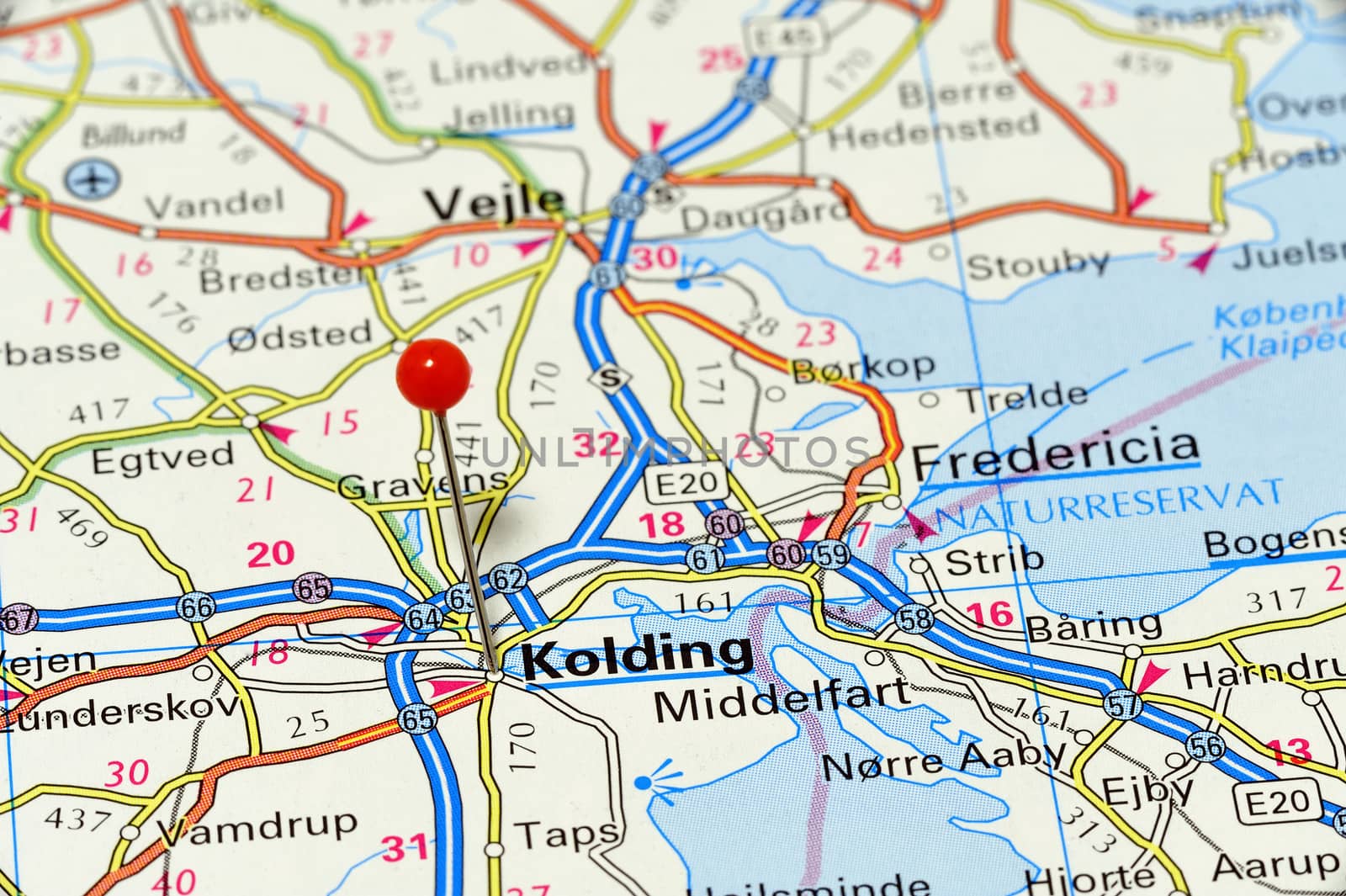 Closeup map of Kolding. Kolding a city in Denmark.