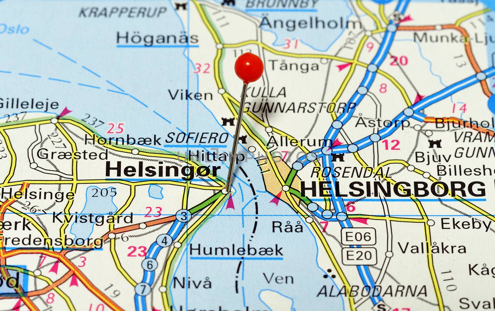 Closeup map of Helsingor. Helsingor is a city in Denmark.