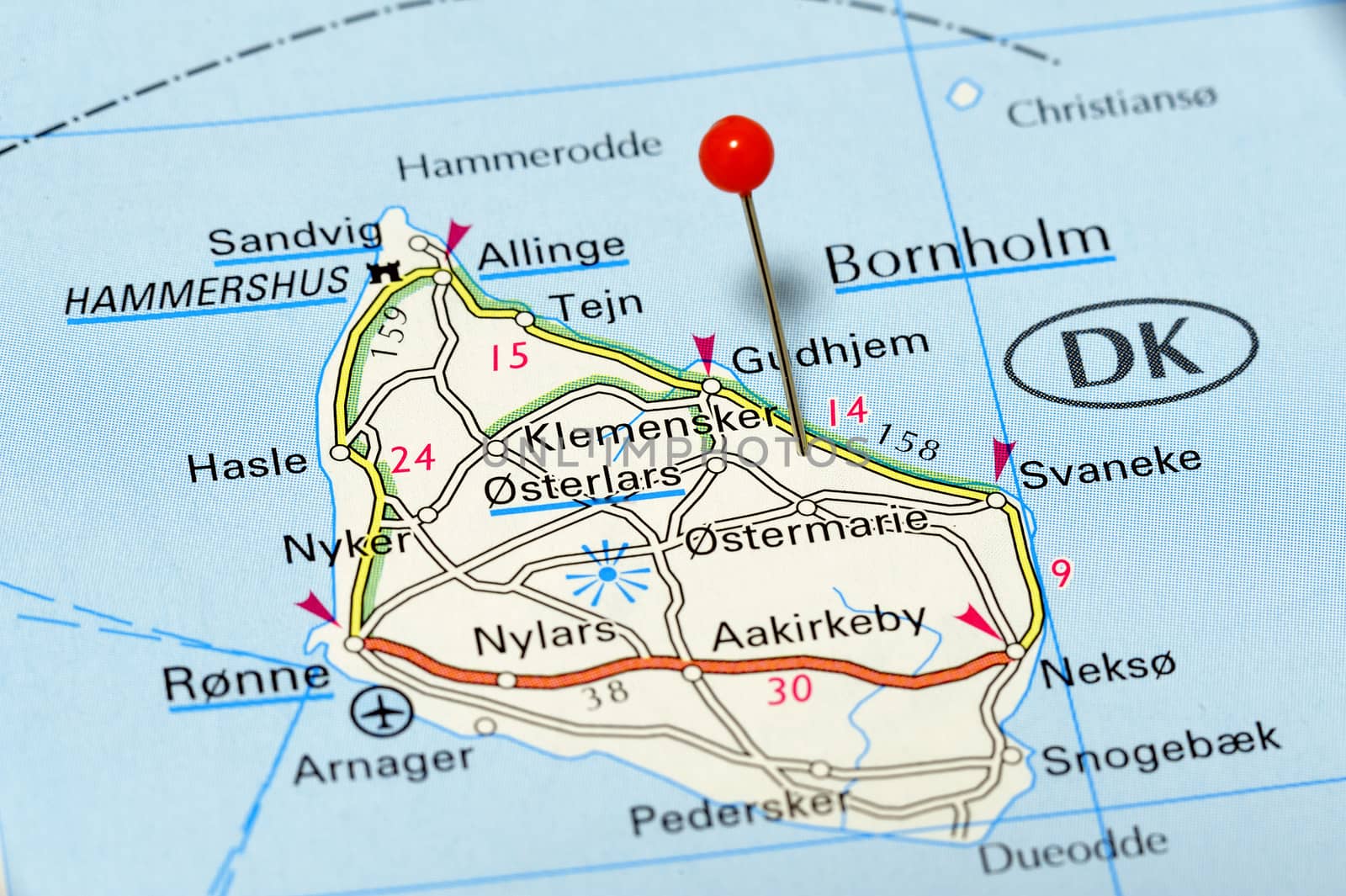 Closeup map of Bornholm. Bornholm a iceland in Denmark