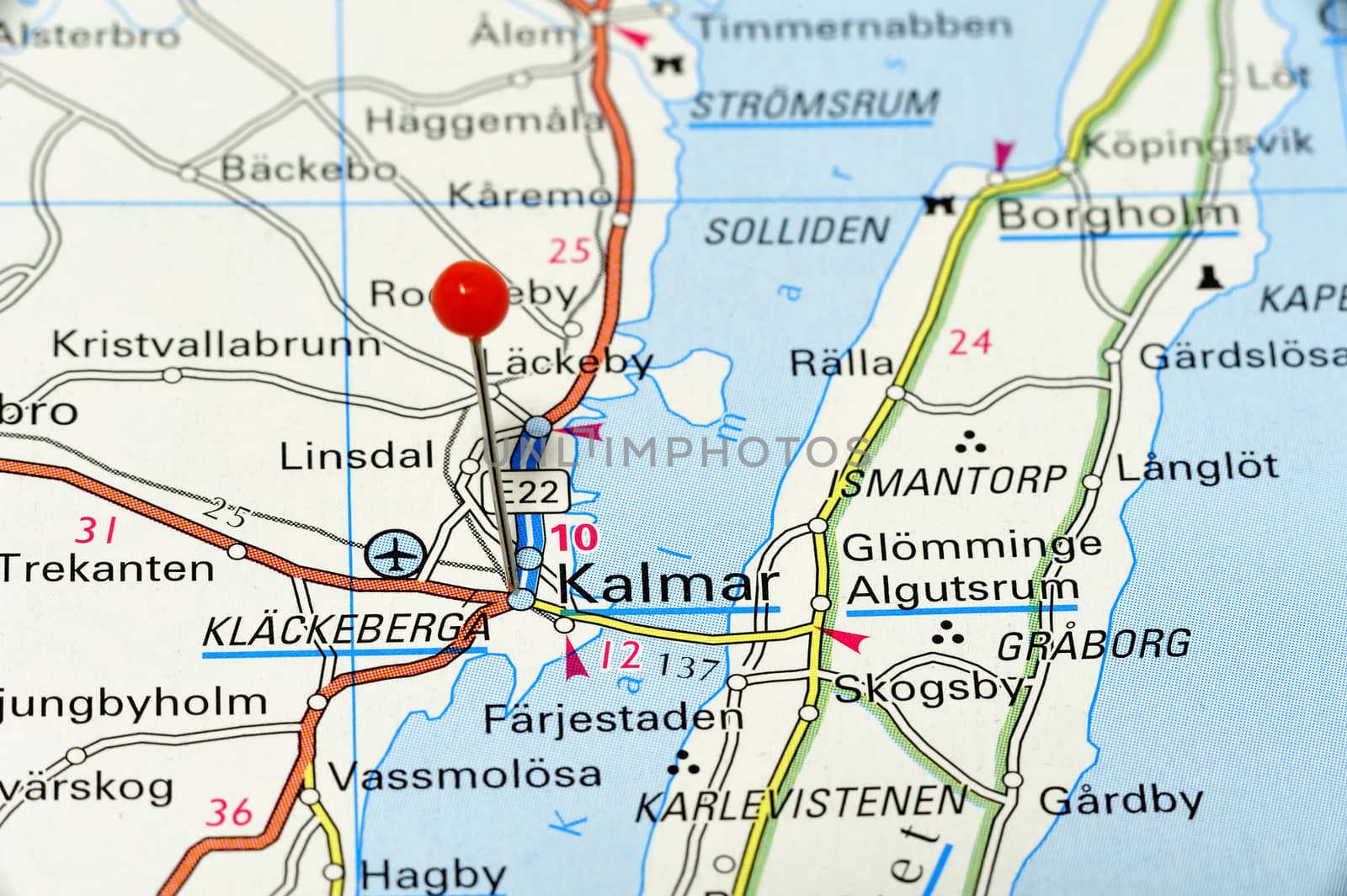 Closeup map of Kalmar. Kalmar a city in Sweden.