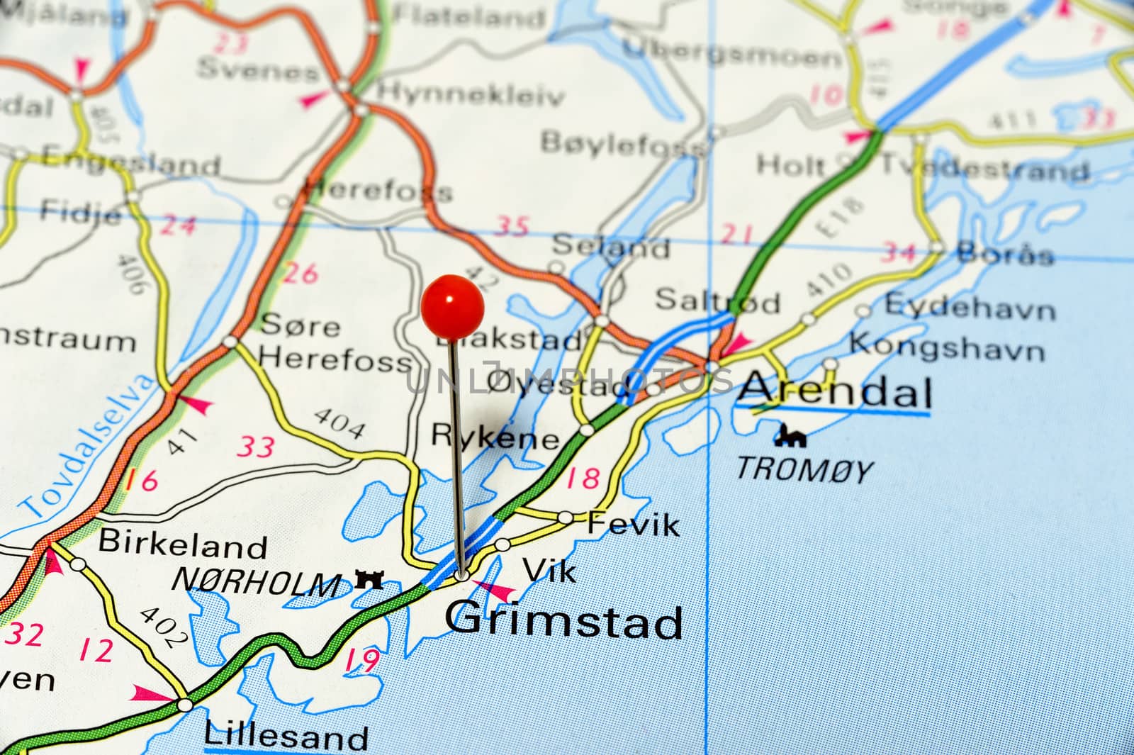 Closup map of Grimstad. Grimstad a city in Norway.