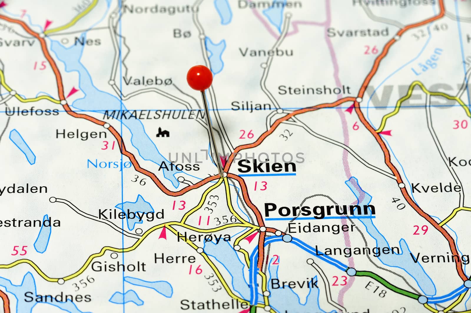 Closeup map of Skien. Skien a city in Norway.