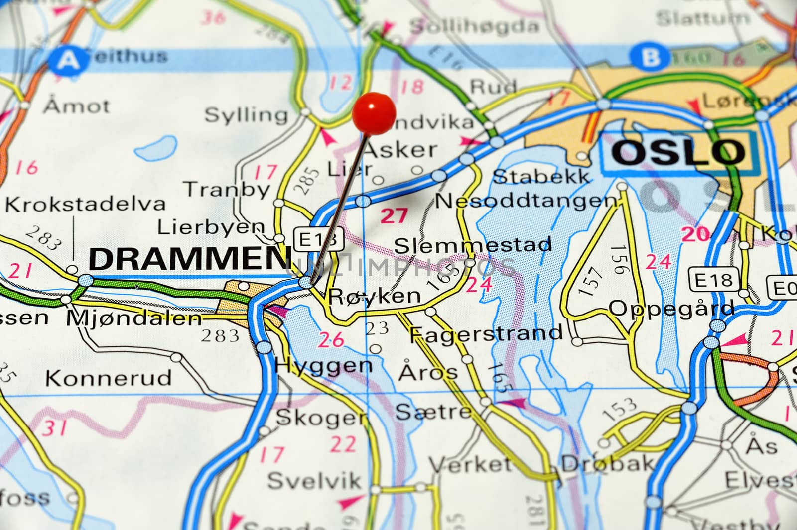 Closeup map of Drammen. Drammen a city in Norway.