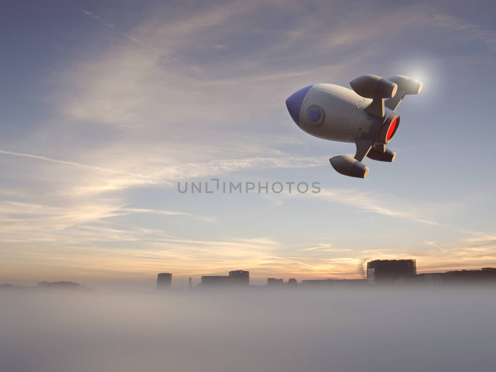 Rocket flying over the city
