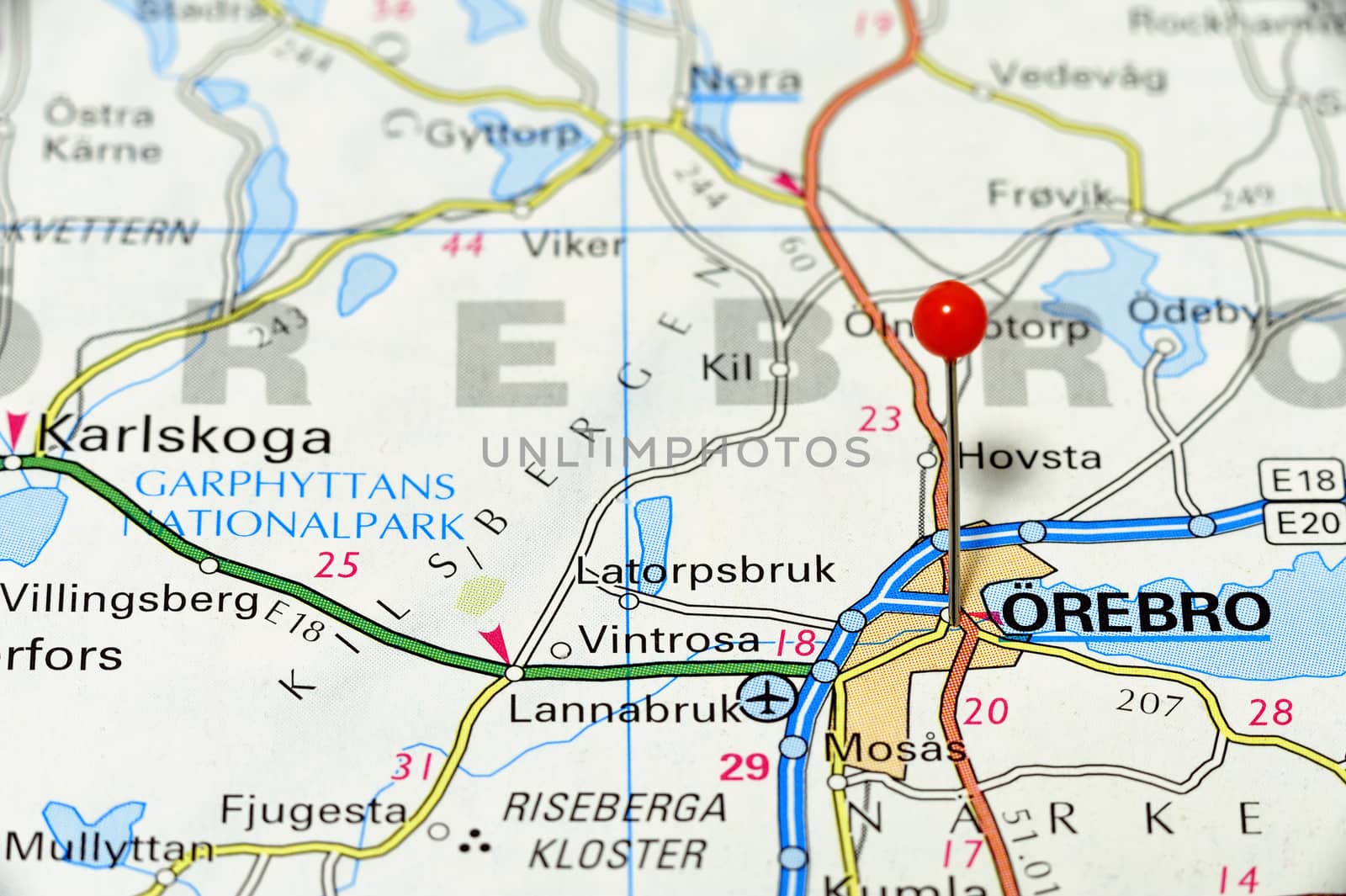 Closeup map of Örebro. Örebro a city in Sweden.