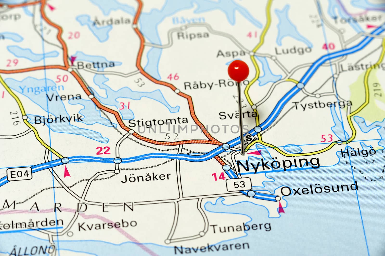 Closeup map of Nyköping. Nyköping a city in Sweden.