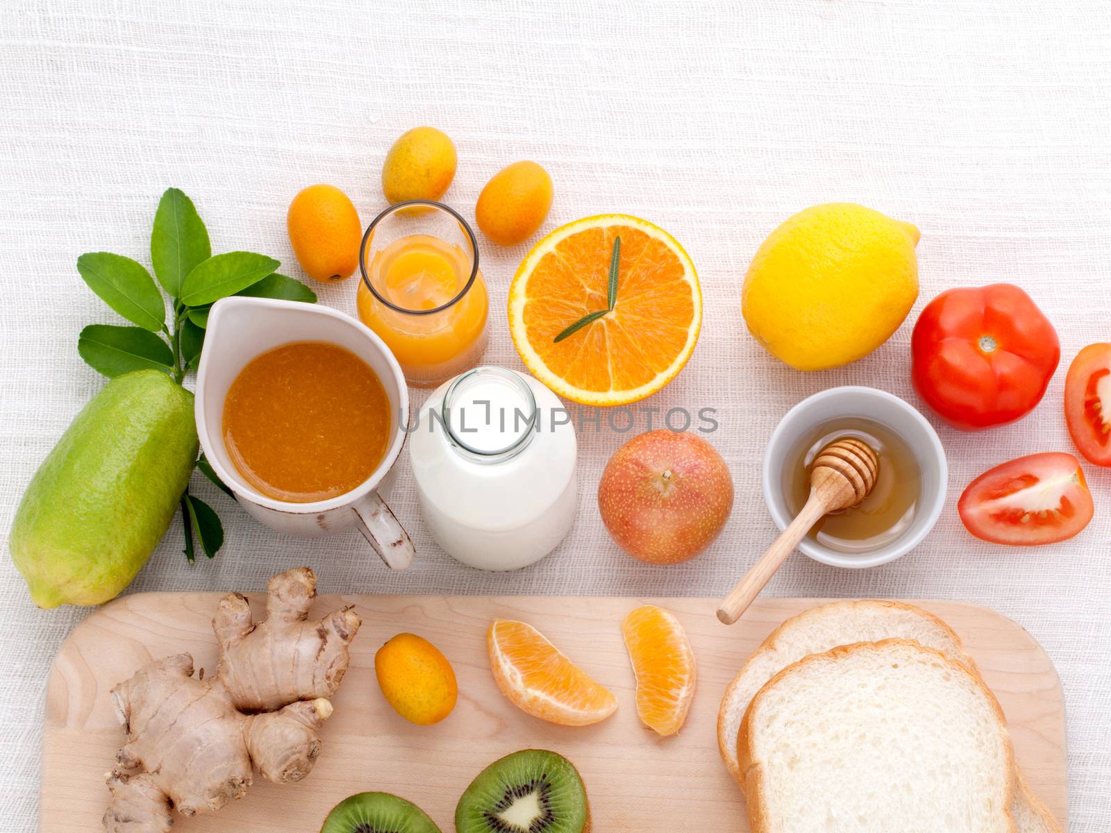 Breakfast with orange juice, oranges, oranges slice, passion fru by kerdkanno