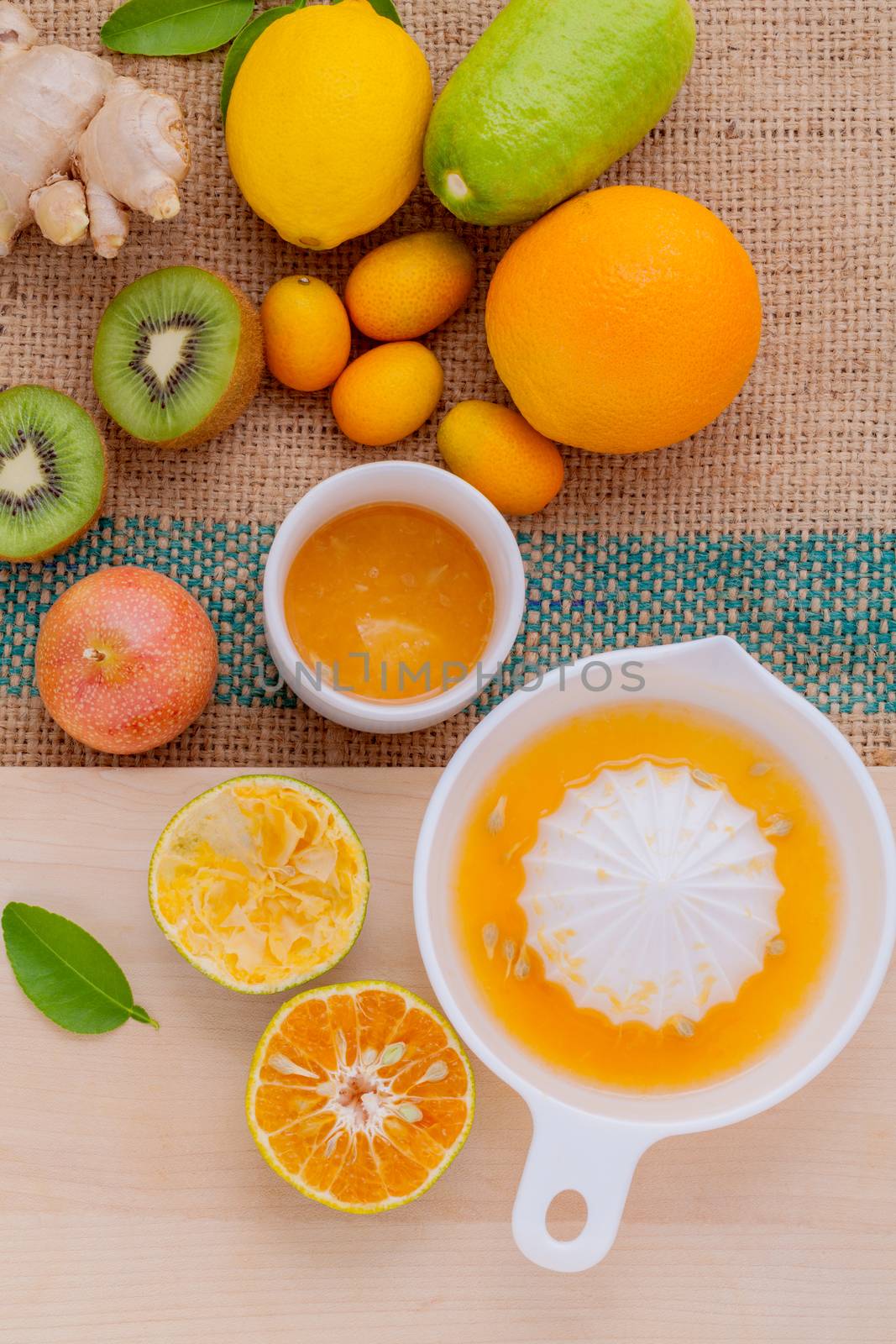 Freshly orange juice with orange slice, ginger , passion fruit , by kerdkanno