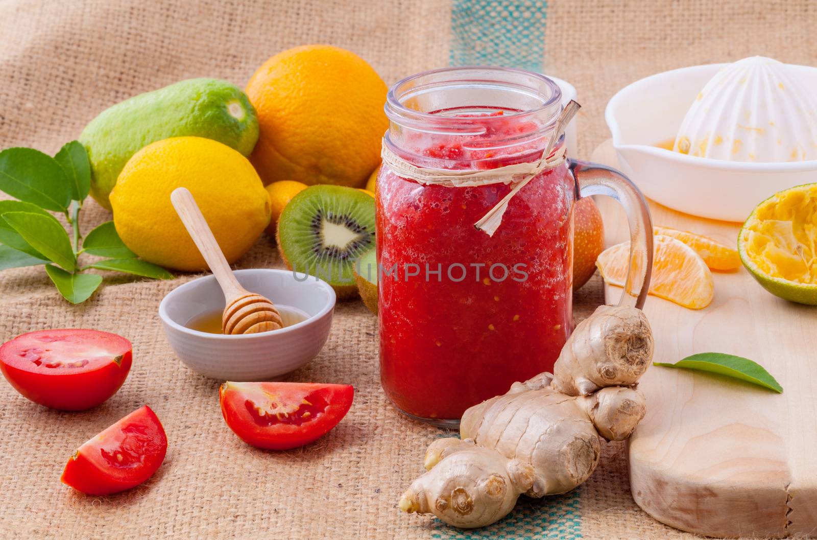 Freshly tomato juice with tomato slice, ginger ,oranges , honey  by kerdkanno
