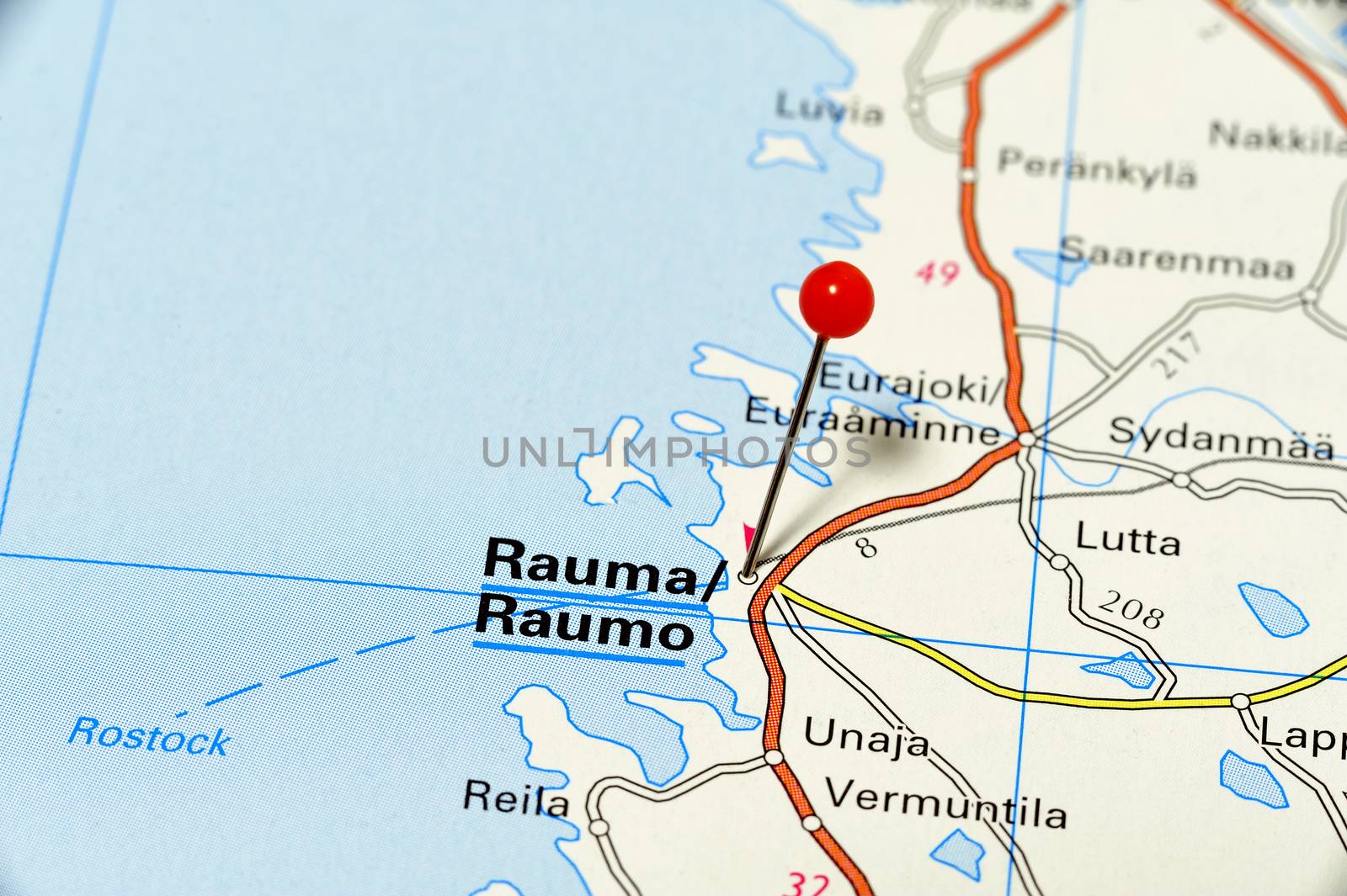 Closeup map of Rauma. Rauma a city in Finland.