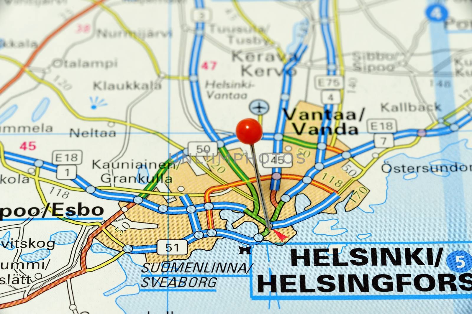 Closeup map of Helsinki. Helsini the capital in Finland.