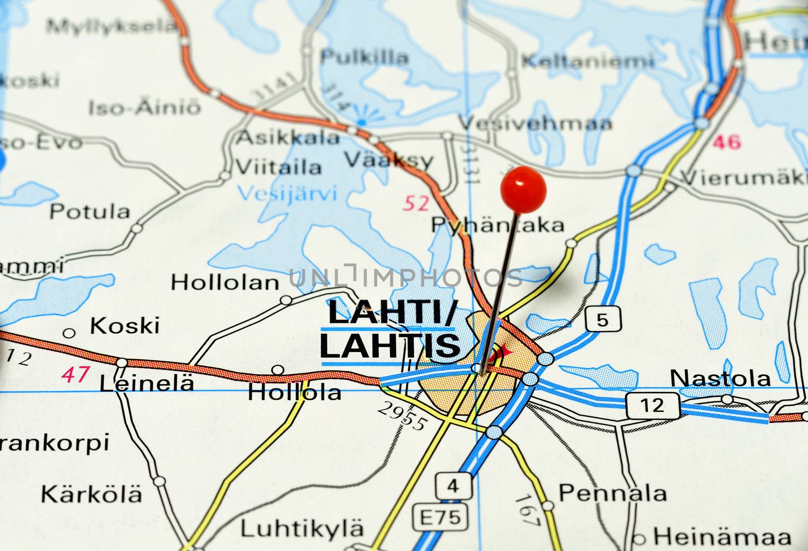 Closeup map of Lahti. Lahti a city in Finland.