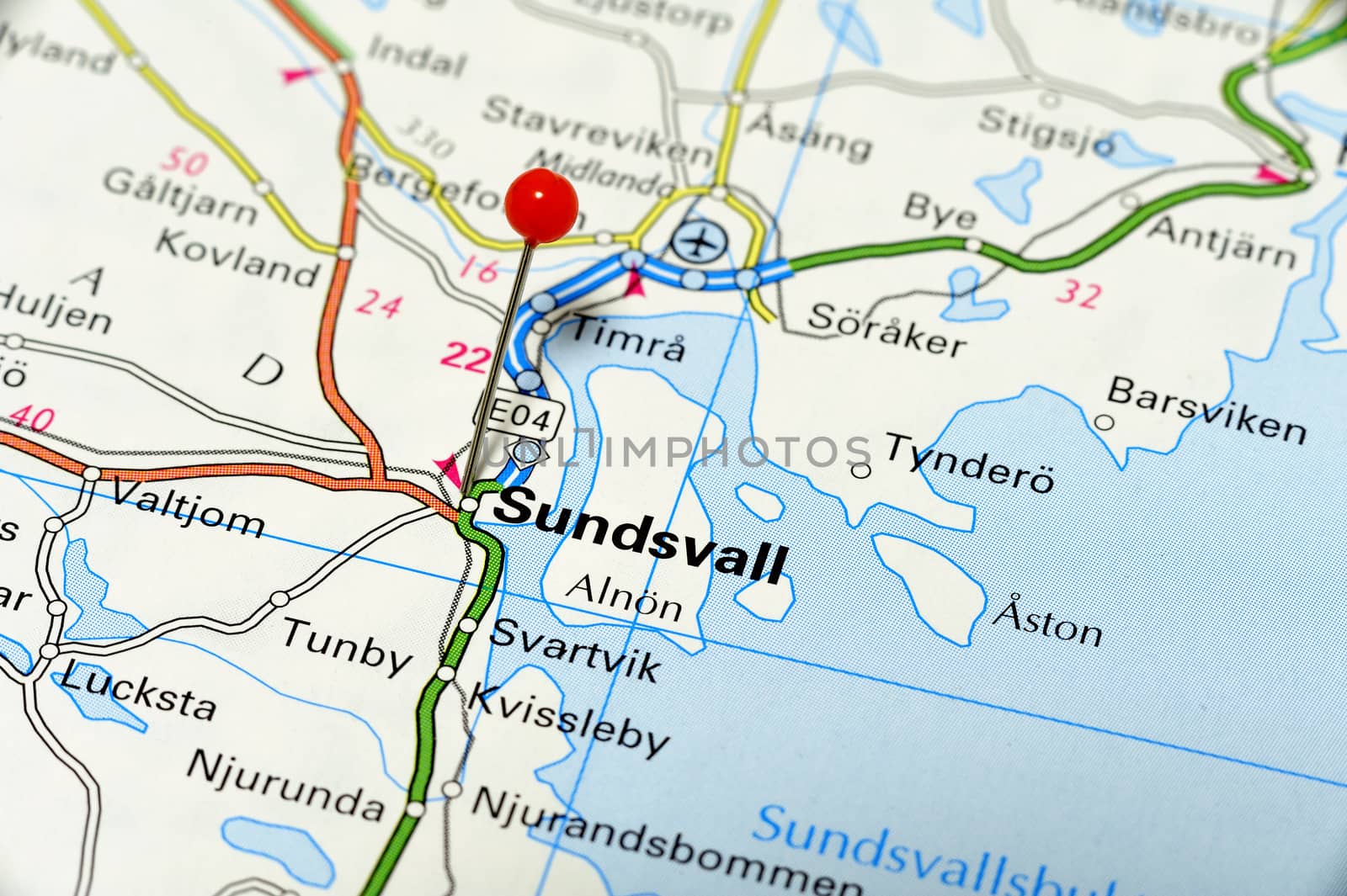 Closeup map of Sundsvall. Sundsvall a city in Sweden.