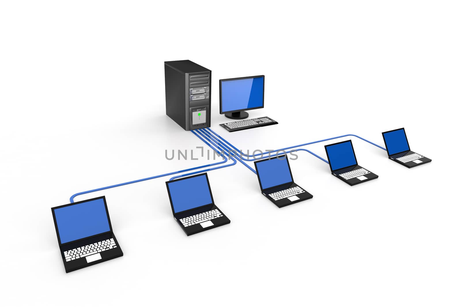 Llaptop network connected to server. 3D rendering