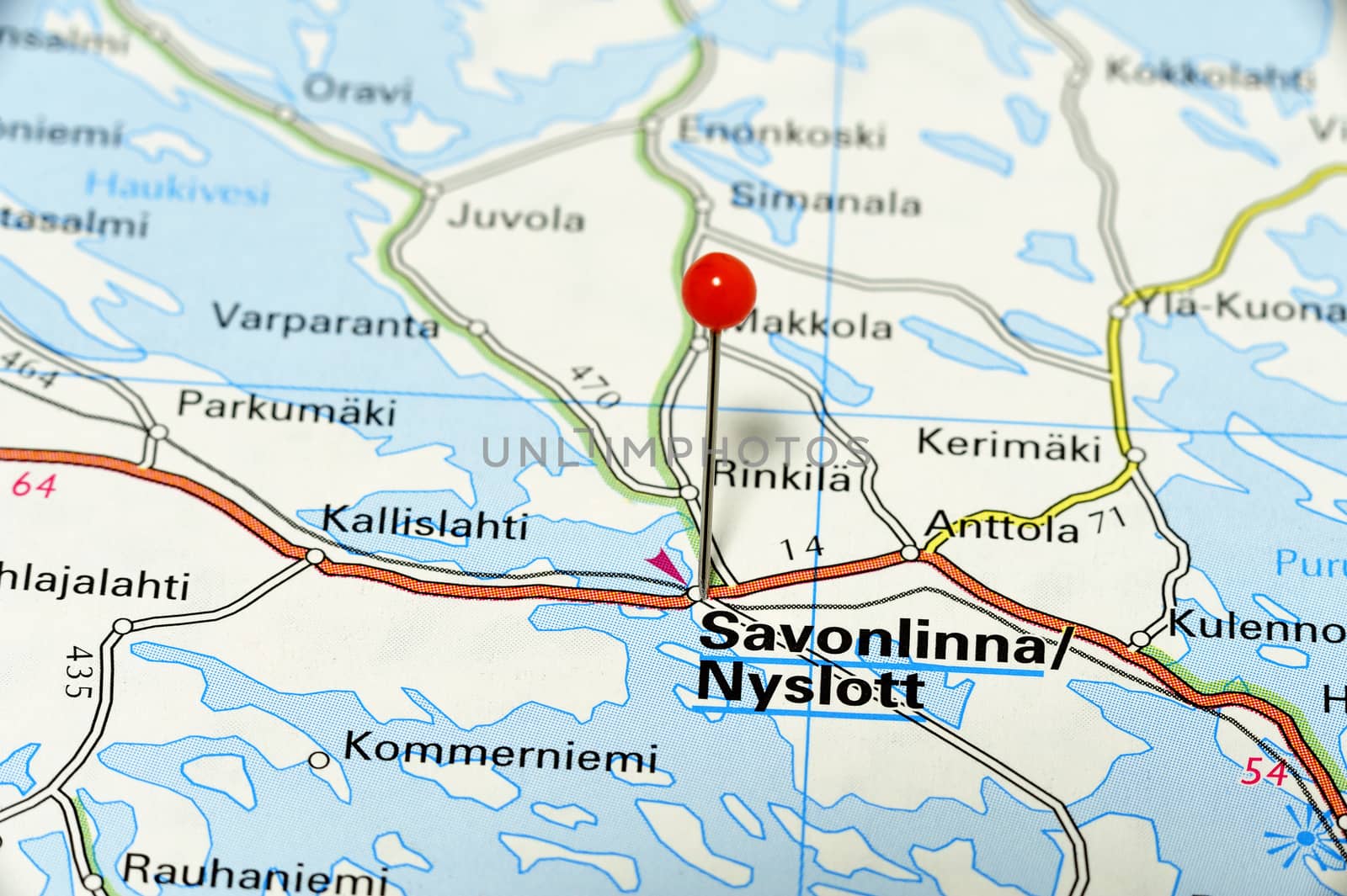 Closeup map of Savonlinna. Savonlinna a city in Finland.