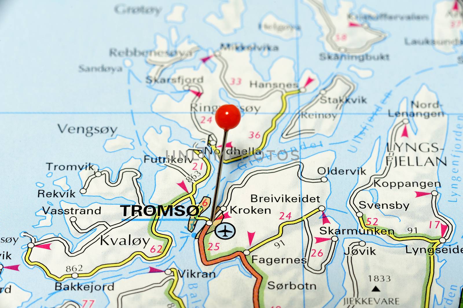 Closeup map of Tromsø, Tromsø a city in Norway.