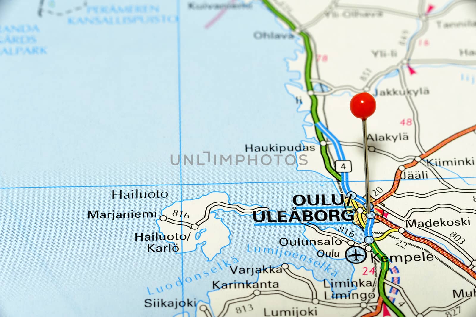 Closeup map of Oulu. Oulu a city in Finland.