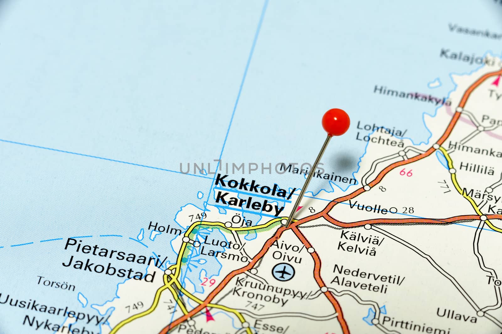 Closeup map of Kokkola. Kokkola a city in Finland.